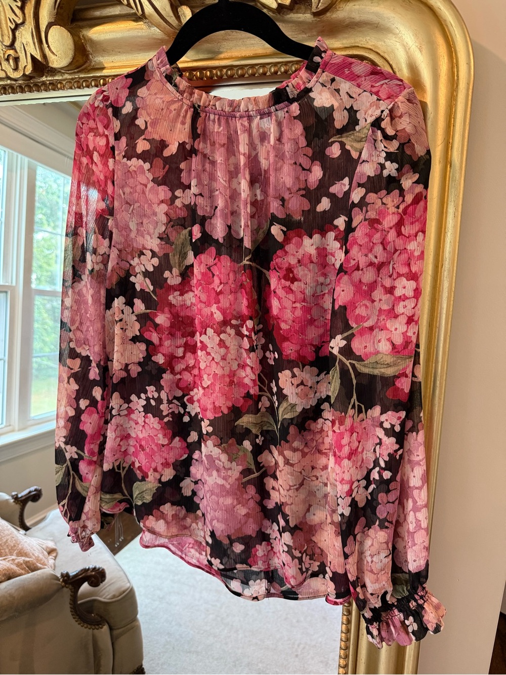 H&M Pink Floral Sheer Long-Sleeve Blouse
